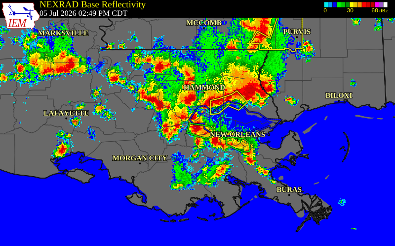 NEXRAD radar during the Sunday, July 5, 2026 storm activity in St. James Parish, Louisiana