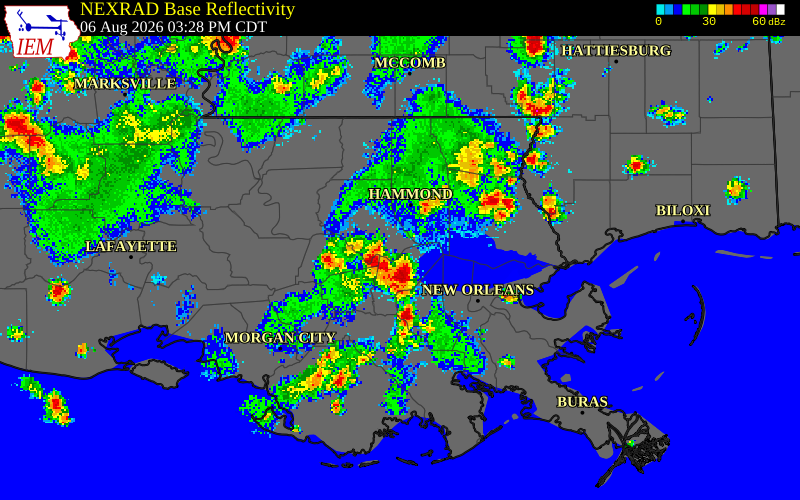 NEXRAD radar during the Thursday, August 6, 2026 storm activity in St. James Parish, Louisiana