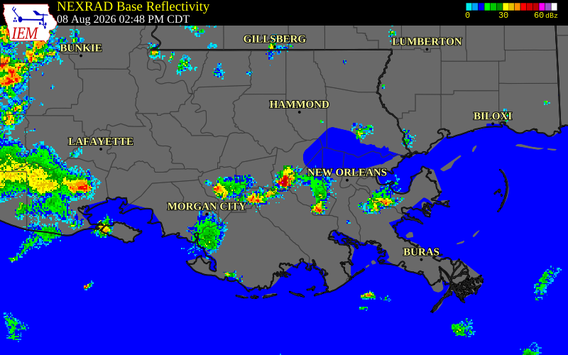 NEXRAD radar during the Saturday, August 8, 2026 storm activity in St. James Parish, Louisiana