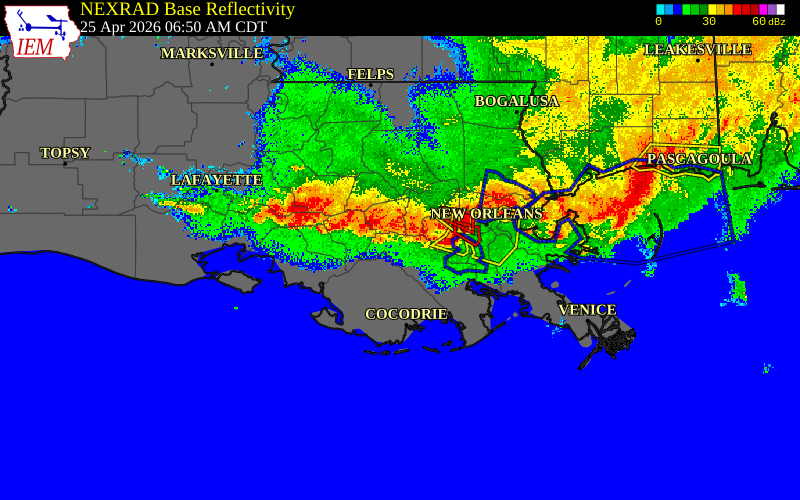 Radar snapshot during the Apr 25, 2026 wind event near St. James Parish, St. James Parish, Louisiana, with NWS warning polygons