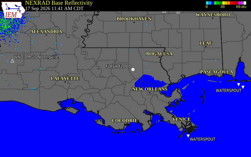 Current NEXRAD radar over St. James Parish, Louisiana with recent storm report locations