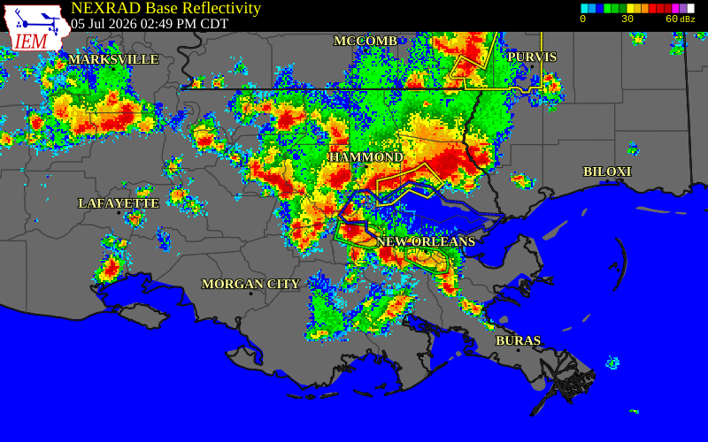NEXRAD radar during the Sunday, July 5, 2026 storm activity in St. John the Baptist Parish, Louisiana