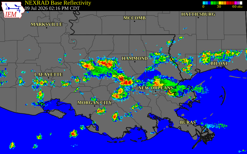 NEXRAD radar during the Thursday, July 9, 2026 storm activity in St. John the Baptist Parish, Louisiana