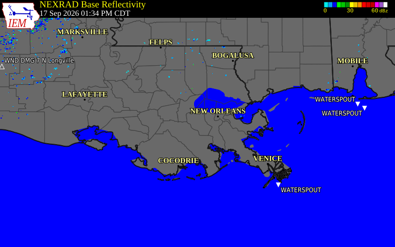 Current NEXRAD radar over St. John the Baptist Parish, Louisiana with recent storm report locations