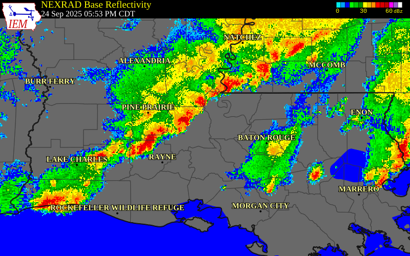 NEXRAD radar during the Wednesday, September 24, 2025 storm activity in St. Landry Parish, Louisiana
