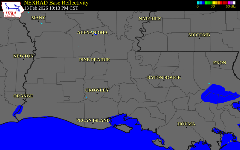 NEXRAD radar during the Friday, February 13, 2026 storm activity in St. Landry Parish, Louisiana