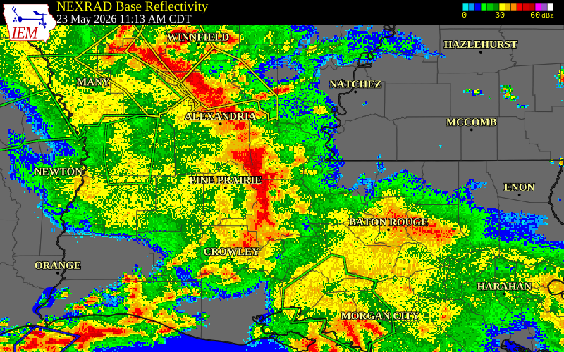 NEXRAD radar during the Saturday, May 23, 2026 storm activity in St. Landry Parish, Louisiana