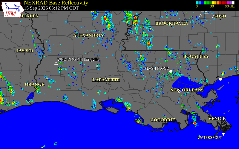 Current NEXRAD radar over St. Landry Parish, Louisiana with recent storm report locations