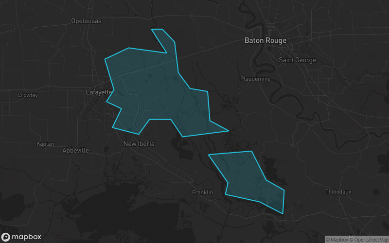 Map of St. Martin Parish, Louisiana showing the county boundary and surrounding cities