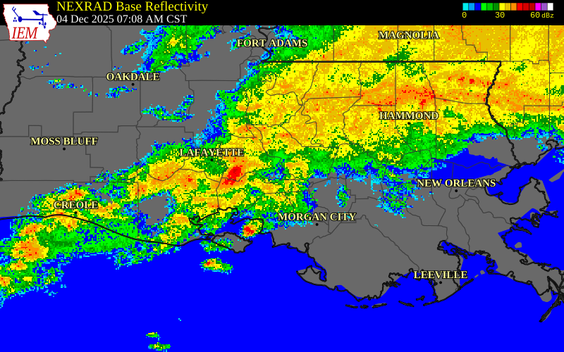 NEXRAD radar during the Thursday, December 4, 2025 storm activity in St. Martin Parish, Louisiana