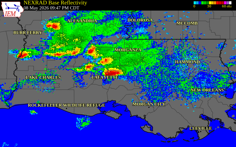 NEXRAD radar during the Friday, May 8, 2026 storm activity in St. Martin Parish, Louisiana