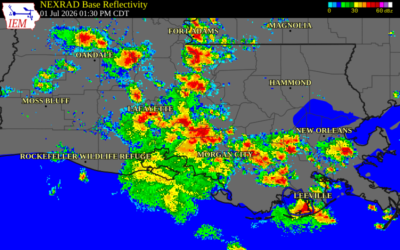 NEXRAD radar during the Wednesday, July 1, 2026 storm activity in St. Martin Parish, Louisiana