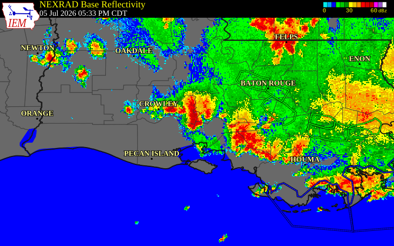 NEXRAD radar during the Sunday, July 5, 2026 storm activity in St. Martin Parish, Louisiana