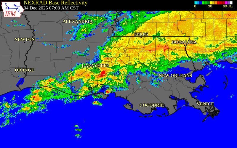 Radar snapshot during the Dec 4, 2025 wind event near St. Martin Parish, St. Martin Parish, Louisiana, with NWS warning polygons