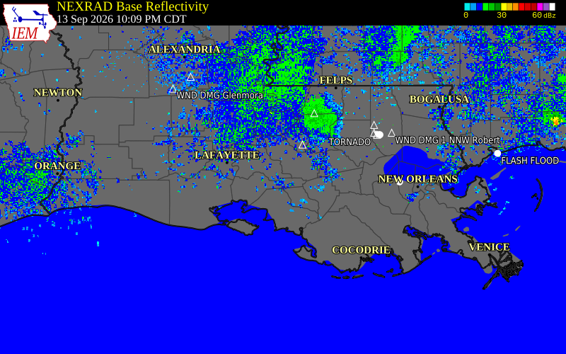 Current NEXRAD radar over St. Martin Parish, Louisiana with recent storm report locations