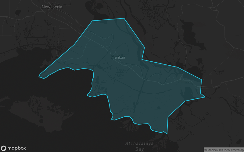 Map of St. Mary Parish, Louisiana showing the county boundary and surrounding cities