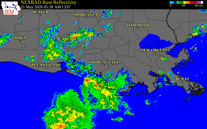 NEXRAD radar during the Thursday, May 21, 2026 storm activity in St. Mary Parish, Louisiana