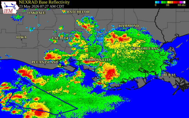 NEXRAD radar during the Saturday, May 23, 2026 storm activity in St. Mary Parish, Louisiana