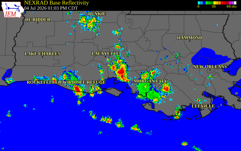 NEXRAD radar during the Saturday, July 4, 2026 storm activity in St. Mary Parish, Louisiana