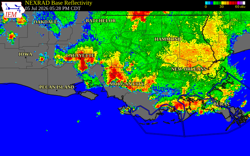 NEXRAD radar during the Sunday, July 5, 2026 storm activity in St. Mary Parish, Louisiana