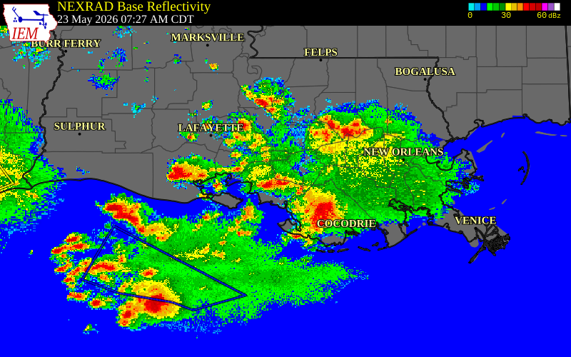 Radar snapshot during the May 23, 2026 hail event near St. Mary Parish, St. Mary Parish, Louisiana, with NWS warning polygons