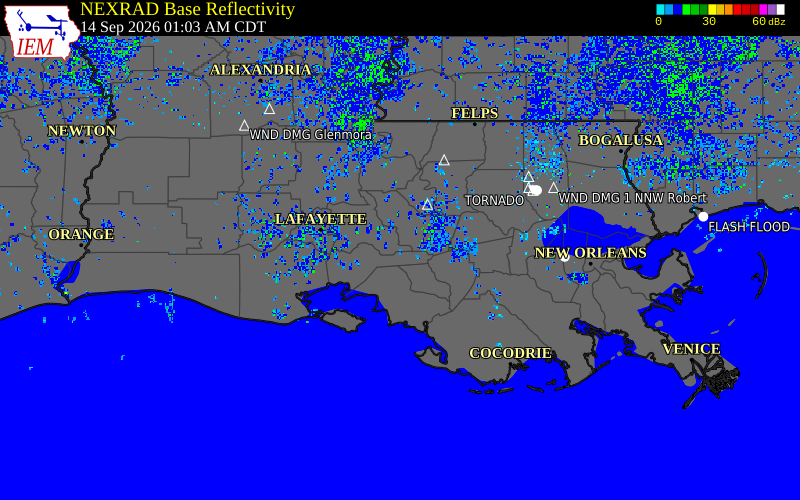 Current NEXRAD radar over St. Mary Parish, Louisiana with recent storm report locations