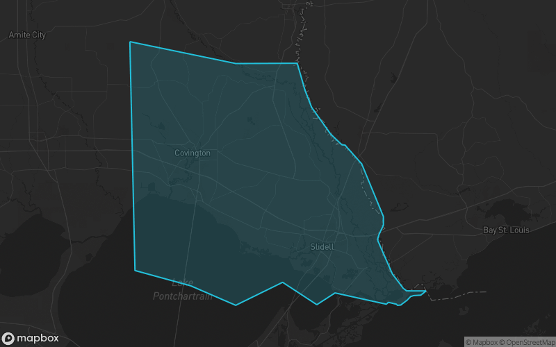 Map of St. Tammany Parish, Louisiana showing the county boundary and surrounding cities
