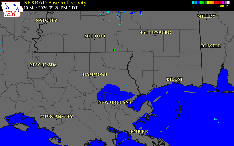 NEXRAD radar during the Tuesday, March 10, 2026 storm activity in St. Tammany Parish, Louisiana