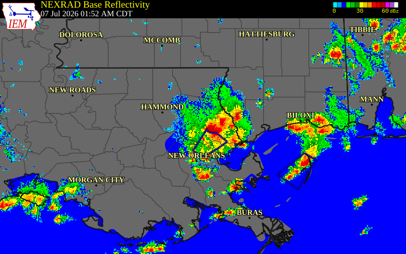 NEXRAD radar during the Tuesday, July 7, 2026 storm activity in St. Tammany Parish, Louisiana
