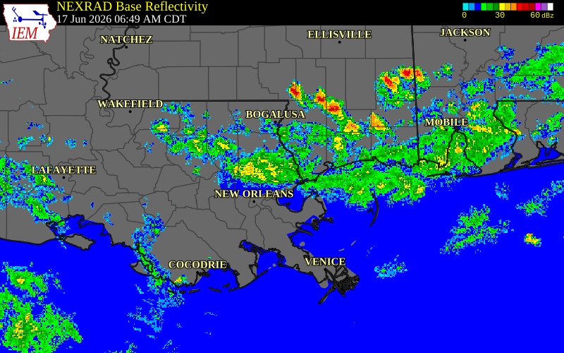 Radar snapshot during the Jun 17, 2026 tornado event near Eden Isle, St. Tammany Parish, Louisiana, with NWS warning polygons