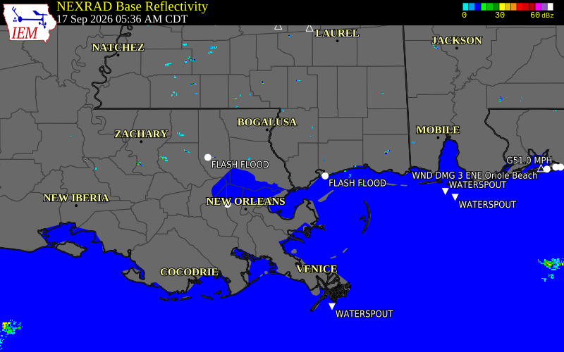 Current NEXRAD radar over St. Tammany Parish, Louisiana with recent storm report locations