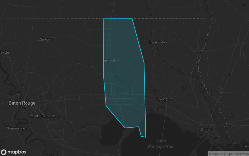 Map of Tangipahoa Parish, Louisiana showing the county boundary and surrounding cities