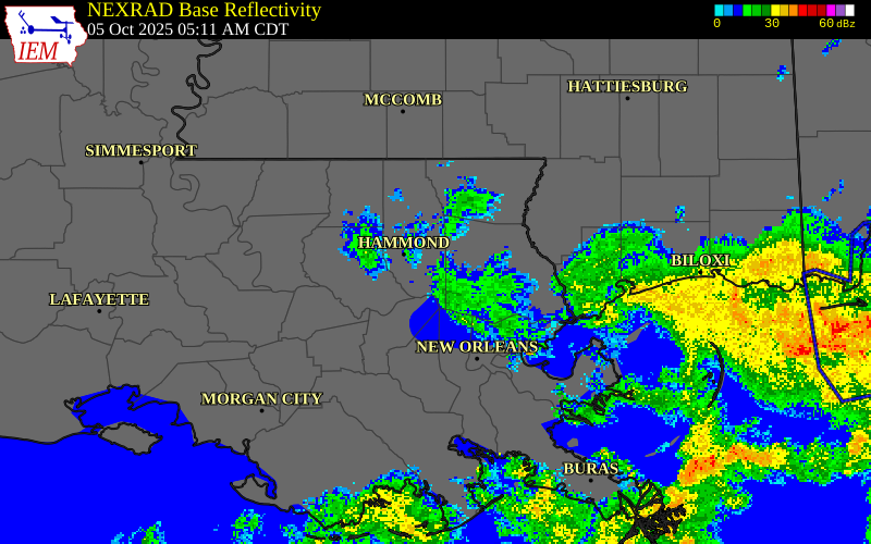 NEXRAD radar during the Sunday, October 5, 2025 storm activity in Tangipahoa Parish, Louisiana