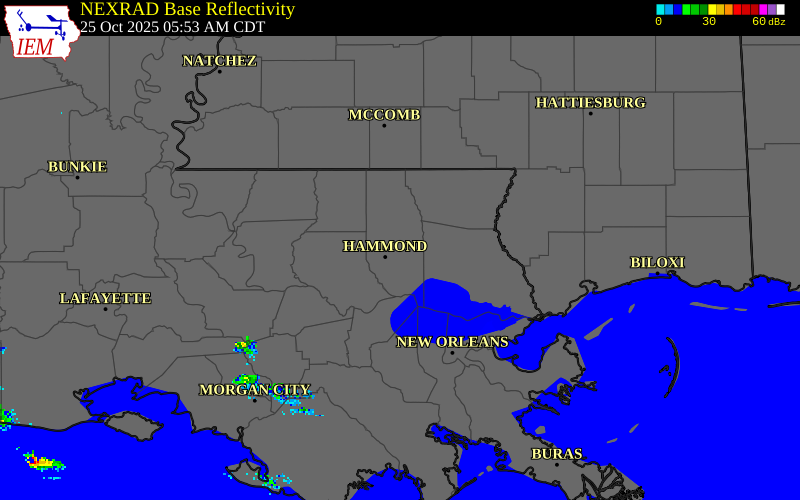 NEXRAD radar during the Saturday, October 25, 2025 storm activity in Tangipahoa Parish, Louisiana