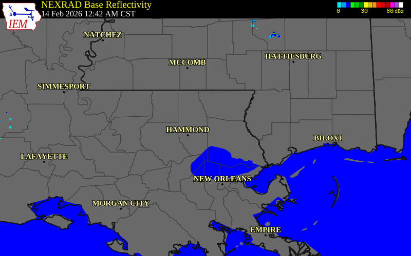 NEXRAD radar during the Saturday, February 14, 2026 storm activity in Tangipahoa Parish, Louisiana