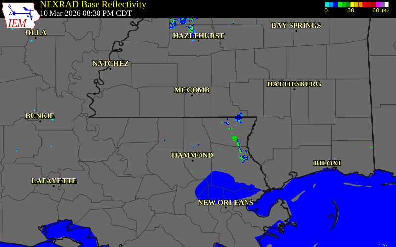 NEXRAD radar during the Tuesday, March 10, 2026 storm activity in Tangipahoa Parish, Louisiana