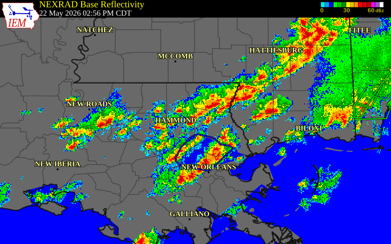 NEXRAD radar during the Friday, May 22, 2026 storm activity in Tangipahoa Parish, Louisiana