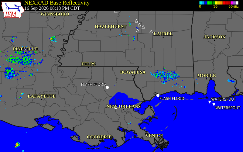 Current NEXRAD radar over Tangipahoa Parish, Louisiana with recent storm report locations