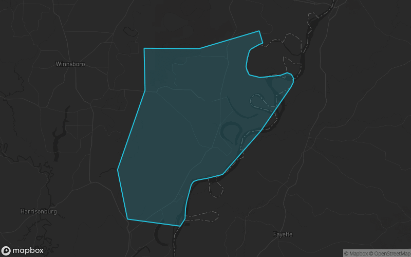 Map of Tensas Parish, Louisiana showing the county boundary and surrounding cities