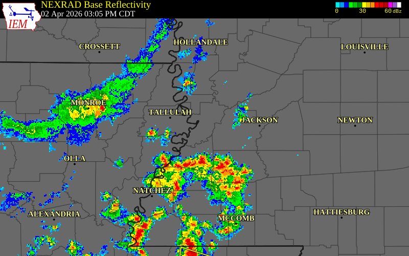 NEXRAD radar during the Thursday, April 2, 2026 storm activity in Tensas Parish, Louisiana