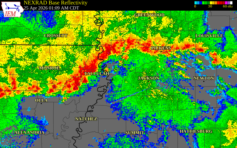 NEXRAD radar during the Saturday, April 25, 2026 storm activity in Tensas Parish, Louisiana