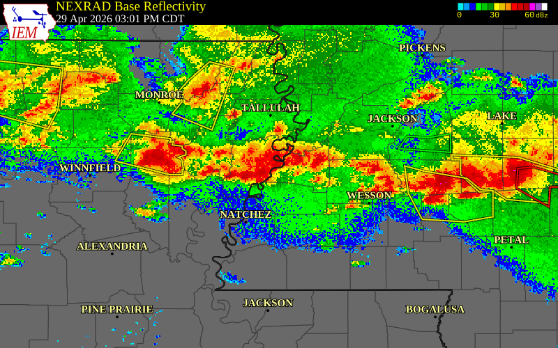 NEXRAD radar during the Wednesday, April 29, 2026 storm activity in Tensas Parish, Louisiana