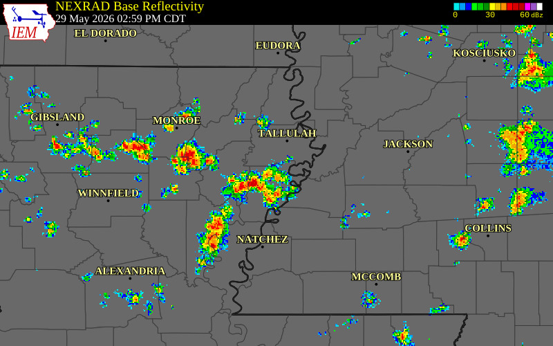 NEXRAD radar during the Friday, May 29, 2026 storm activity in Tensas Parish, Louisiana