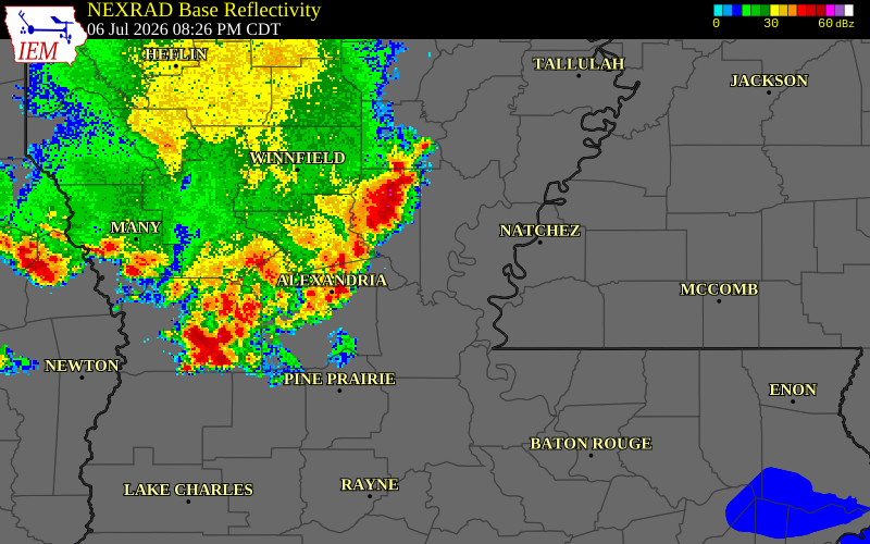 NEXRAD radar during the Monday, July 6, 2026 storm activity in Tensas Parish, Louisiana
