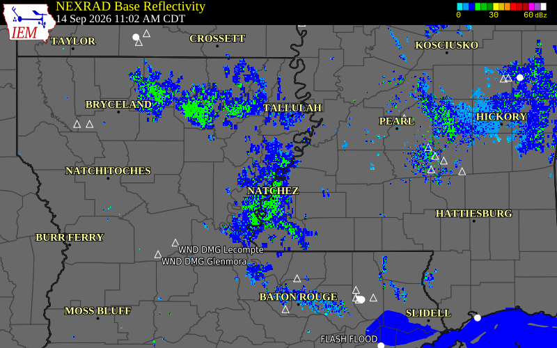 Current NEXRAD radar over Tensas Parish, Louisiana with recent storm report locations