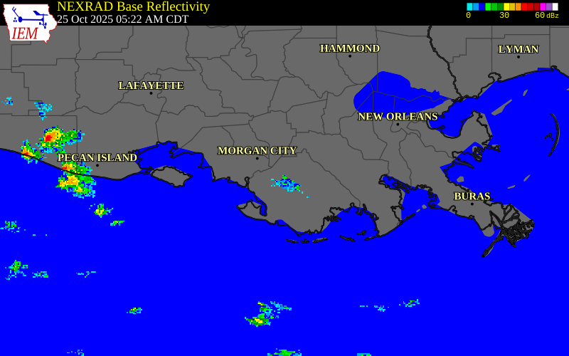 NEXRAD radar during the Saturday, October 25, 2025 storm activity in Terrebonne Parish, Louisiana