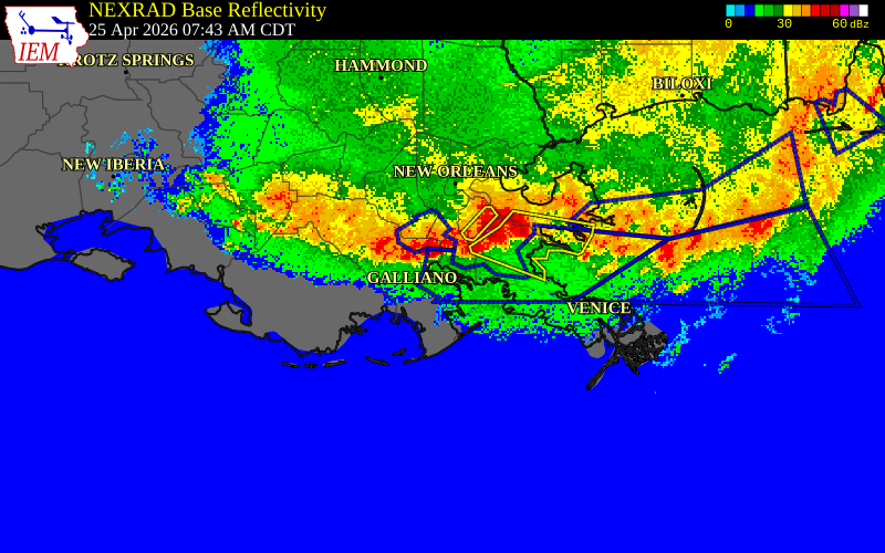 NEXRAD radar during the Saturday, April 25, 2026 storm activity in Terrebonne Parish, Louisiana