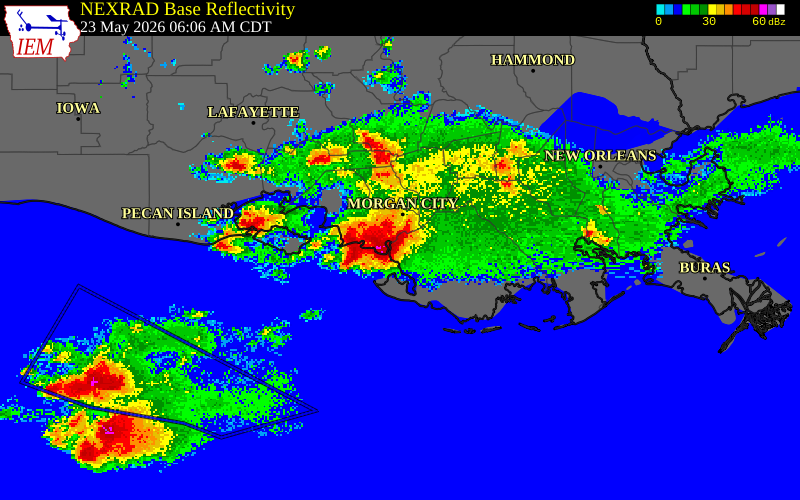 NEXRAD radar during the Saturday, May 23, 2026 storm activity in Terrebonne Parish, Louisiana