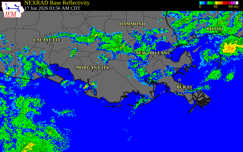 NEXRAD radar during the Wednesday, June 17, 2026 storm activity in Terrebonne Parish, Louisiana