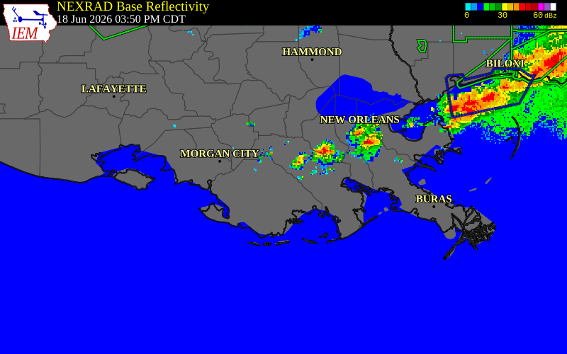 NEXRAD radar during the Thursday, June 18, 2026 storm activity in Terrebonne Parish, Louisiana